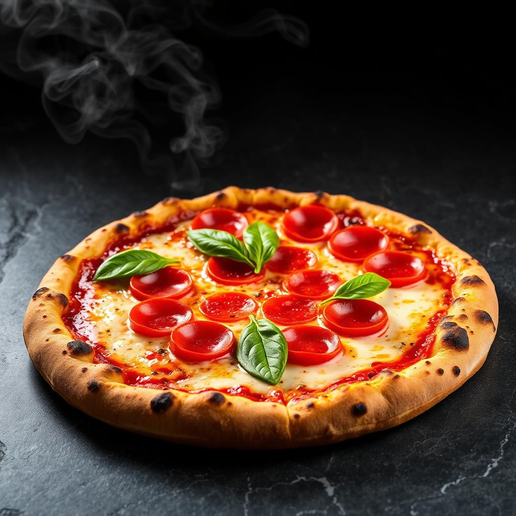 Steaming pepperoni pizza with leopard-spotted crust